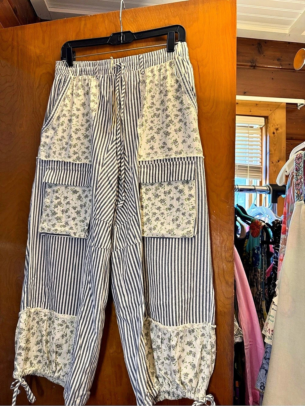 BLUE VELVET Stripe & Patchwork Denim  Pants in Blue & White NWT